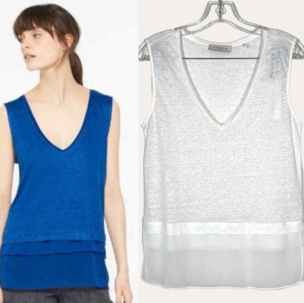 Sandro White Linen Sleeveless Top Chiffon Hem Size 2
